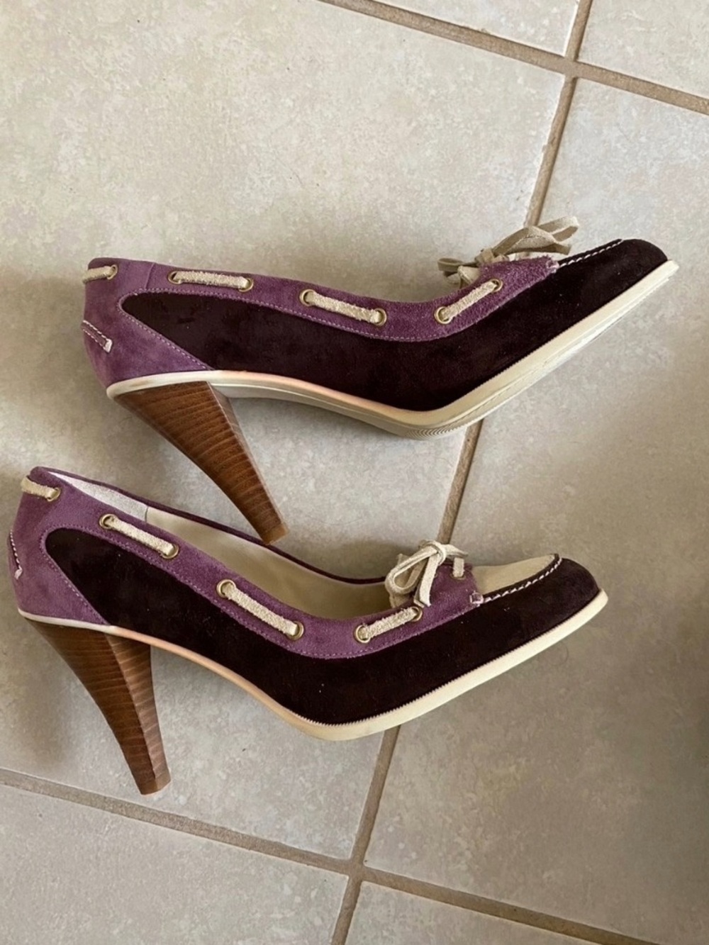 Bally Purple / Tan Suede Bow-Trim Heels